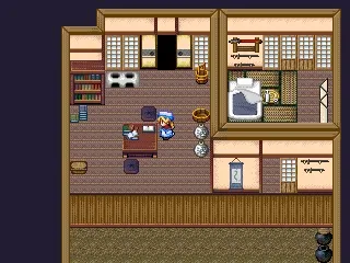 Myth Xaran gameplay: inside a traditional house with shelves, a kitchen, and a character at a table.