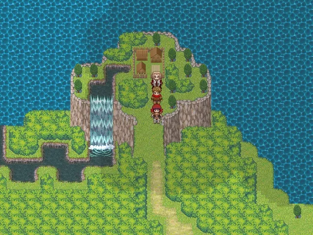 Vastar gameplay: Characters on a narrow forested path surrounded by an ocean.